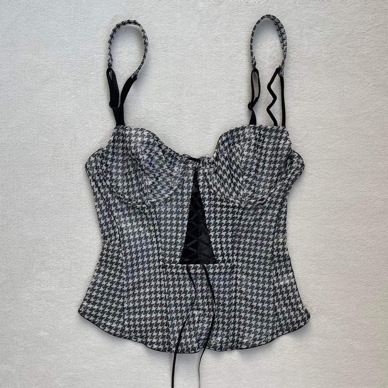 Houndstooth Print Corset Top with Lace-Up Detail