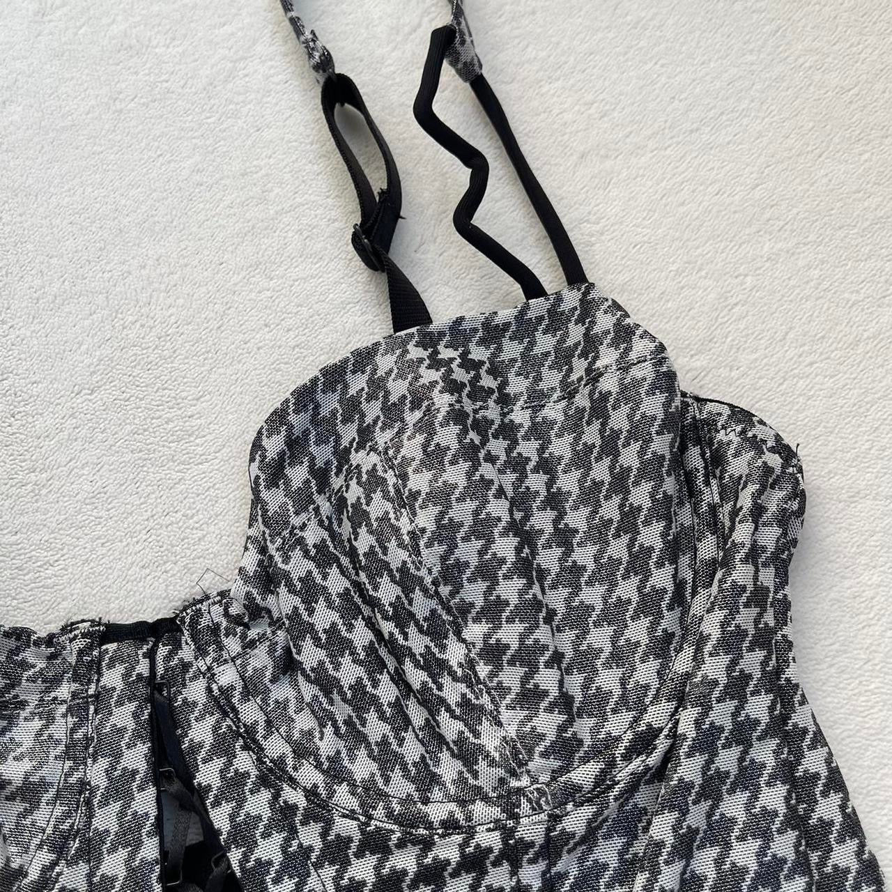 Houndstooth Print Corset Top with Lace-Up Detail