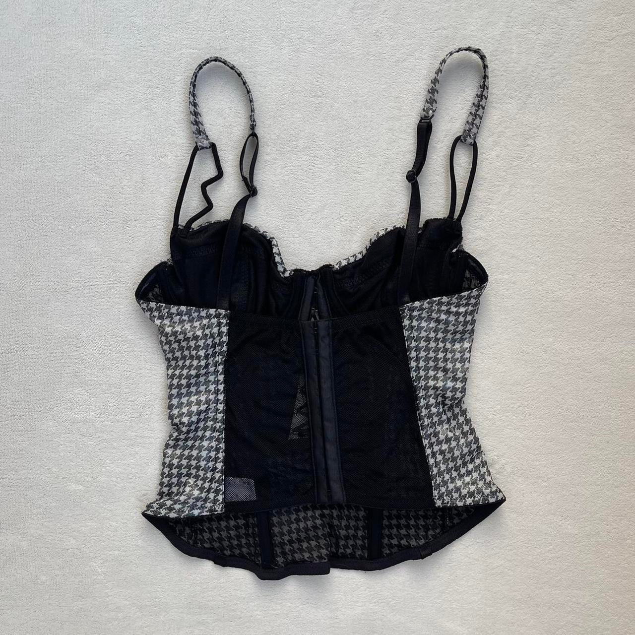 Houndstooth Print Corset Top with Lace-Up Detail