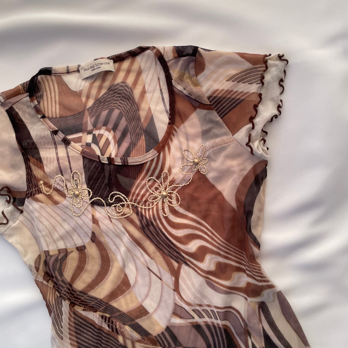 Brown and beige swirl mesh top