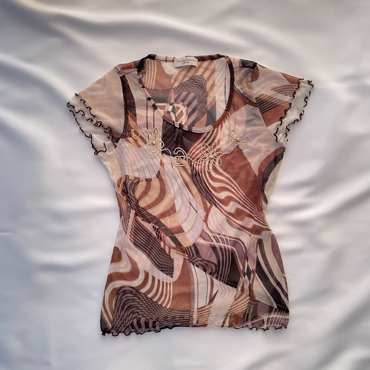 Brown and beige swirl mesh top