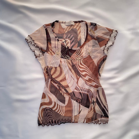 Brown and beige swirl mesh top