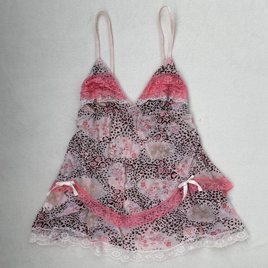Mesh cami top with lace and bow details