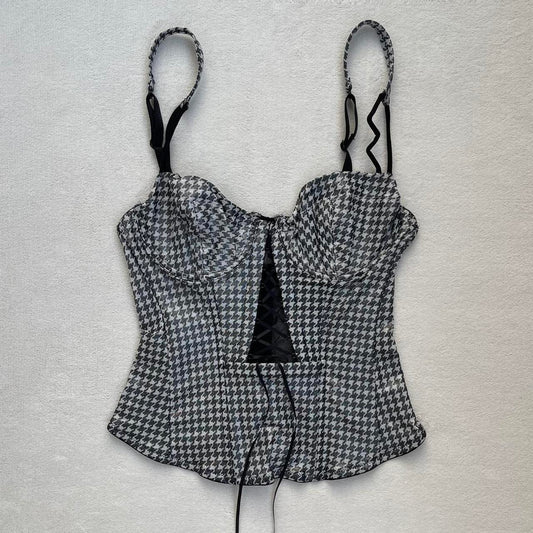 Houndstooth Print Corset Top with Lace-Up Detail