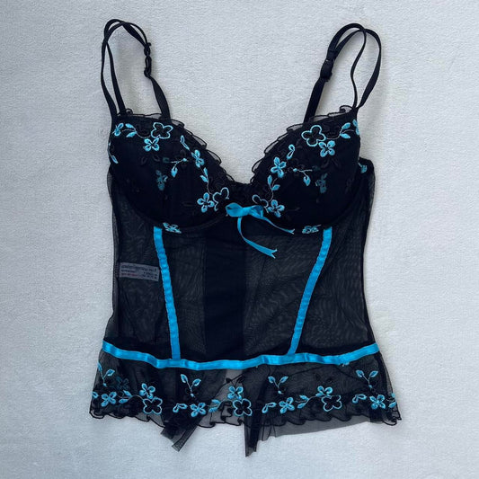 Black & Blue Floral Sheer Lace Babydoll Top