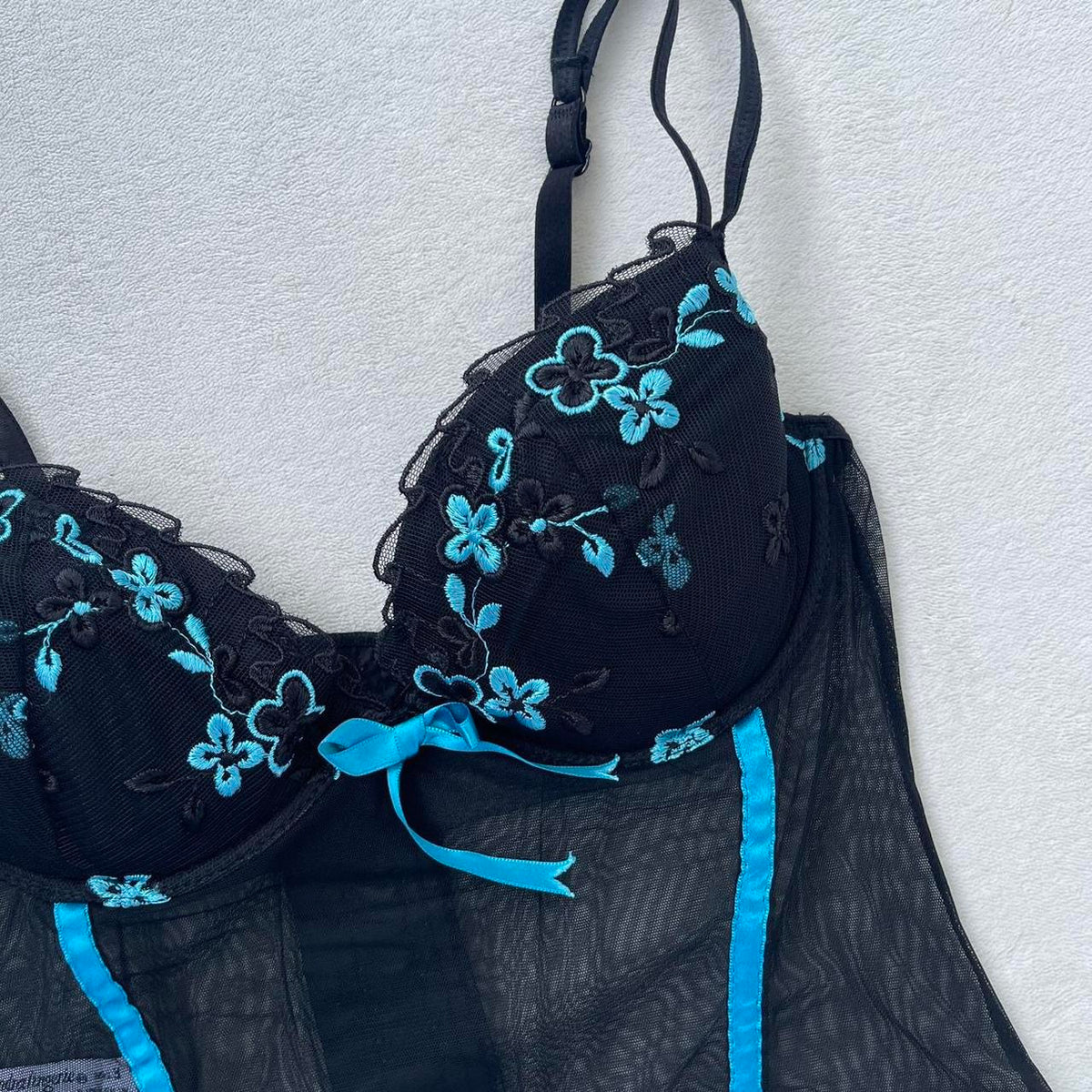 Black & Blue Floral Sheer Lace Babydoll Top